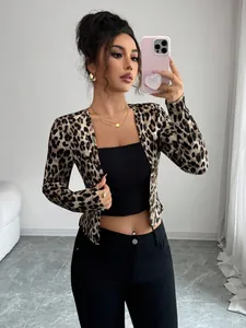 Femmes Imprimé Léopard Bloc de Couleur Deux Pièces Ensemble de Haut Cardigan Et Camisole Polyester Tricoté Manche Longue Vêtements