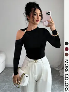 Women Asymmetrical Neckline Cold Shoulder Top Slim Fit Knitted Long Sleeve Blouse With Metal Ring Solid Color Elegant Commute Rayon T-Shirt