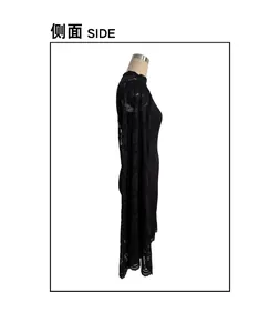 Side profile view detail of an elegant black floral lace dress with high neck and long sleeves