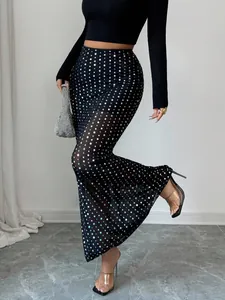 Gonna Lunga da Donna Elegante a Vita Alta in Rete con Paillettes Pois Foratura a Caldo Doppio Strato Coda di Pesce Vestibilità Slim per Vacanza Festa