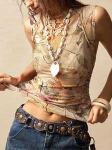 Women Vintage Floral Print Mesh Vest Mock Neck Sleeveless Slim Fit Top Elegant Mesh Pullover Shirt