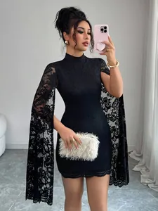 Elegant black lace stand-collar mini dress featuring long slit cape sleeves for women