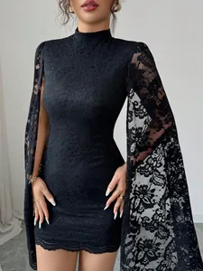 Elegant black lace mini dress with stand collar and unique long slit cape sleeves design