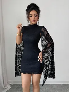 Elegant black lace mini dress with high neck and stylish split long cape sleeves
