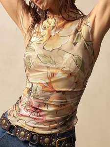 Elegant women sleeveless high collar mesh vest with vintage floral print and slim fit