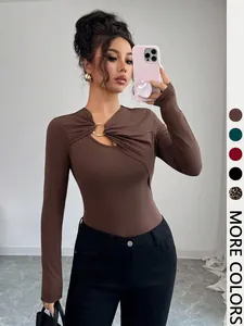 Women Asymmetric Cut Out Metal Ring Long Sleeve Slim Fit T-Shirt Sexy Rib Knitted Polyester Top For Autumn Casual Daily