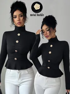 Top Elegante da Donna a Collo Alto e Maniche Lunghe T-shirt Peplum Slim Fit con Fibbia in Metallo a Rosa Tinta Unita Autunno