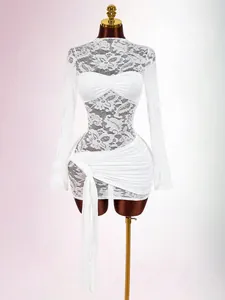 Women Sexy Lace Splicing Mesh Mock Neck Long Sleeve Ruched Tie Bodycon Mini Dress Slim Fit Night Out Club Party White Dress