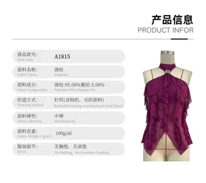 Close-up of a purple mesh halter neck top with ruffles and detailed product fabric information.