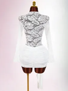 Back view detail of sexy white lace patchwork mesh long sleeve pleated slim fit mini dress