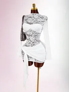Sexy white lace mesh patchwork long sleeve slim pleated mini dress for women