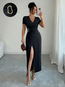 Sexy Maxi-jurk met V-hals voor Dames Elegant Zwart Metalen Gesp Hoge Split Bodycon Lange Jurk Feestavond Jurken