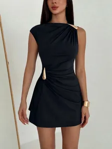 Damen Ärmellos Gerafft Minikleid Mit Goldener Metallschnalle Sexy Schlanke Passform Bodycon Sommer Party Polyester Kleid