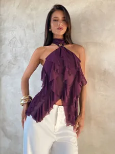 Elegant purple halter mesh top with ruffles and sheer detailing for a sexy look