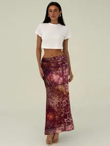 Women High Waist Mesh Mermaid Skirt Retro Floral Leopard Print Bodycon Long Bottom For Summer Vacation Elegant Clothing