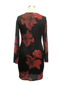 Elegant slim-fit long-sleeved mesh dress with vibrant red floral print on black back.