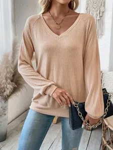 Casual women's beige V-neck rib-knit long sleeve t-shirt with raglan sleeves