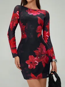 Women Floral Print Mesh Long Sleeve Bodycon Mini Dress Round Neck Elegant Sexy Spring Clubwear Party Dress