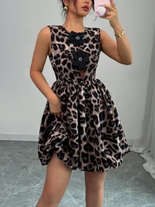 Women Summer Leopard Print Sleeveless Dress With 3D Flower Decoration Elegant A-Line Pleated Midi Dress Party Wear