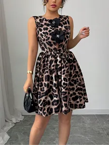 Chic leopard print sleeveless A-line dress featuring elegant 3D black flower appliques