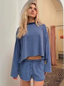 Women Striped Long Sleeve Top And Bottom Shorts Set Retro Lazy Style Polyester Spandex Casual Loungewear Outfit