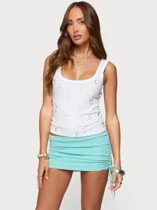 Sexy white cropped tank top featuring teardrop crystal embellishments for women's summer wear