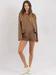 Casual striped long-sleeve top and shorts two-piece set for women in brown and black.