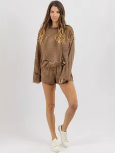 Casual brown striped long-sleeve top and shorts two-piece loungewear set for women