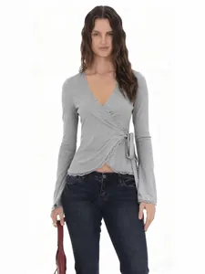 Damen Sexy V-Ausschnitt Spitzenbesatz Wickeltop Polyester Schlanke Passform Langarm Elegant Bindegürtel Einfarbig Rippen T-Shirt Für Damen