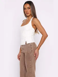 Sexy white backless halter top bustier with slim fit, side zipper and slit detail.