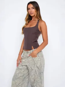 Sexy slim fit square neck brown tank top for women, new Spring 2026 collection