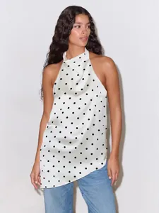 Top de Lunares para Mujer con Cuello Halter y Espalda al Aire Sexy Estilo Francés Chaleco de Satén Poliéster Top de Fiesta