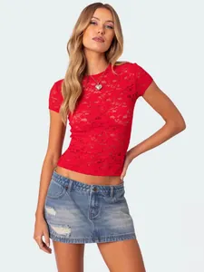 Sexy Y2K red lace see-through crew neck slim fit short sleeve crop top for women
