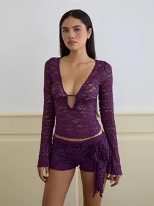 Sexy deep V-neck purple lace long sleeve transparent top with hollow floral patterns