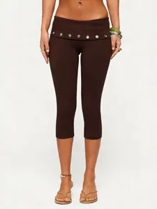 Women High Waist Capri Leggings Button Decor Solid Color Butt Lifting Yoga Fitness Pants Sexy Skinny Cropped Gym Trousers