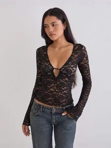 Elegant sexy sheer black lace long sleeve top with deep V-neck and slim fit for women
