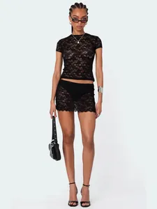 Sexy Y2K sheer black lace short sleeve top with round neck for women, slim fit fashion style