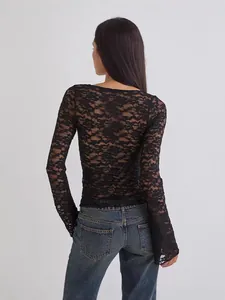 Elegant slim fit black sheer floral lace long sleeve top for women shown from back view