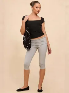 European style casual grey cropped leggings with a low-waisted fold-over design for women