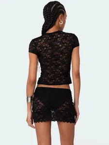 Trendy Y2K sexy sheer black floral lace short sleeve slim fit top and mini skirt set