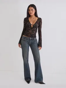 Elegant sexy black sheer lace long-sleeve top featuring a deep V-neck design for women