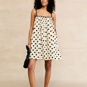 French Style Polyester Polka Dot Striped Printed Mini Dress Women Sleeveless Loose A-Line Spaghetti Strap Summer Beach Vacation Dress