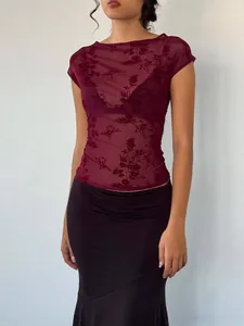 Stylish women's burgundy sheer mesh cap sleeve t-shirt with elegant floral burnout pattern