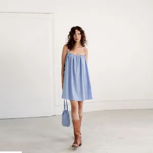 Elegant light blue French resort striped spaghetti strap loose A-line dress with bag