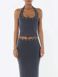Detailed view of a charcoal grey halter top with eyelet design and slim fit style.