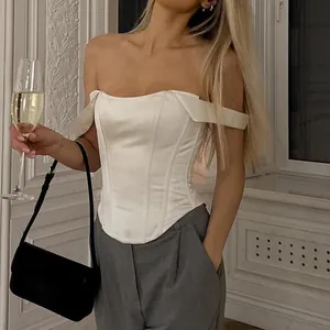 Elegant white off-the-shoulder corset top with boning detail for women