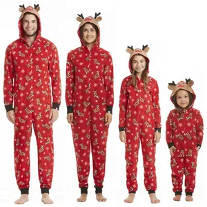 Family matching Christmas hooded onesie pajamas set with festive reindeer print