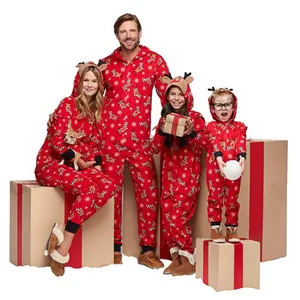 Family matching Christmas hooded reindeer onesies in festive red color