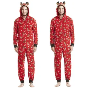 Detailed view of a festive red hooded Christmas onesie featuring a reindeer print design