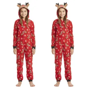 Children's red Christmas hooded onesie with reindeer patterns on white background